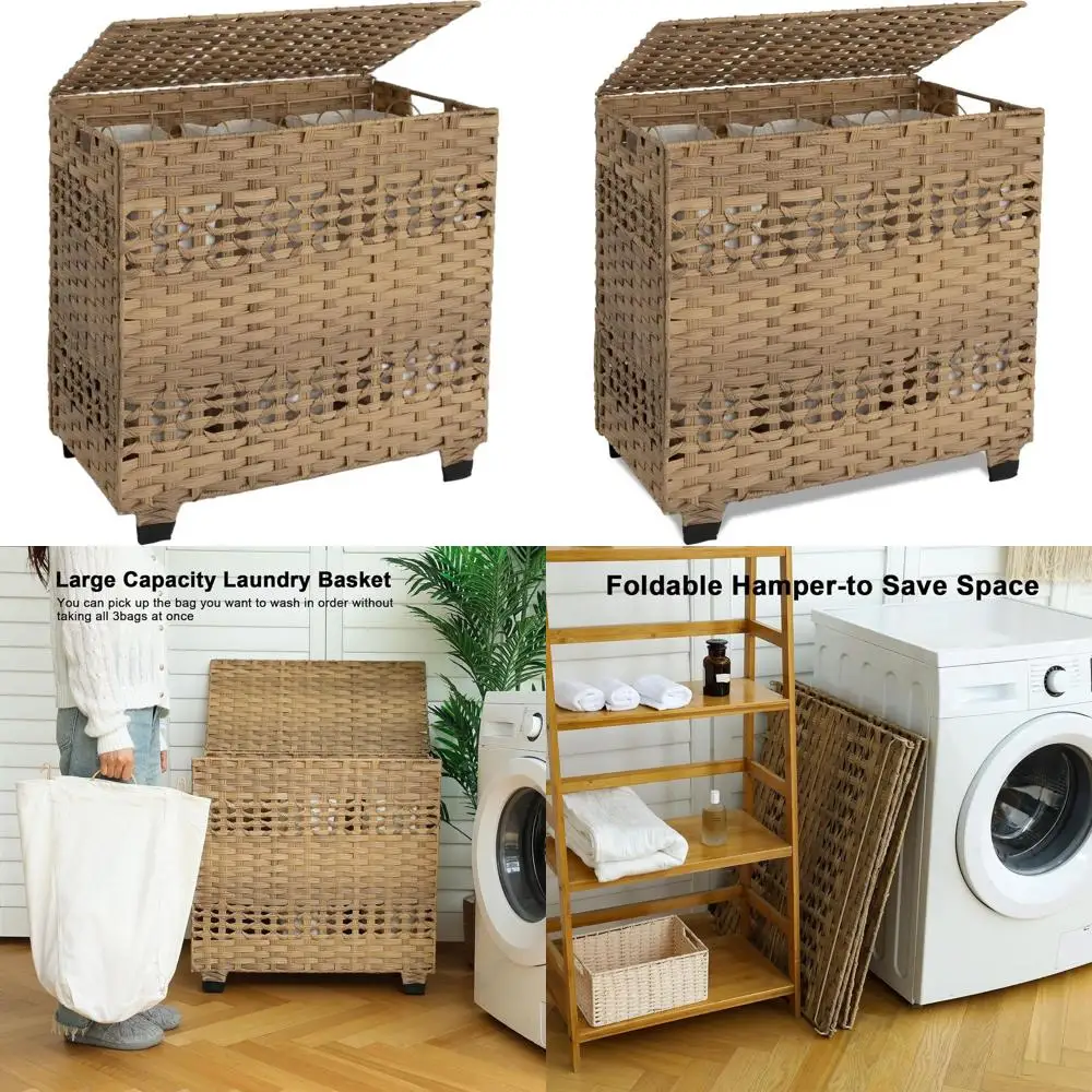 

Складная корзина для белья из ротанга на 140 л с 3 съемными вкладышами, 27x13x26 дюймов, желтая