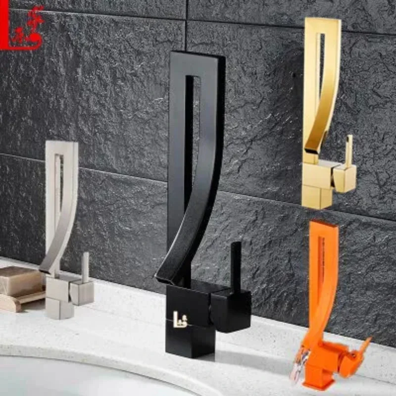 Luxury Bathroom Basin Faucet, Deck-Mounted, Cold and Hot Mixer, Black Nickel Chrome Finish, Waterfall Spout and Brass