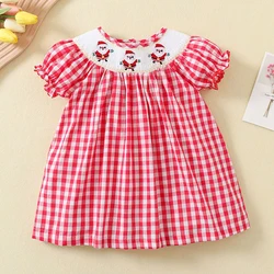 Summer Kids Baby Girls Short Sleeve Christmas Cartoon Embroidery Dress Kids Baby Girls Grid Children Clothes Dress