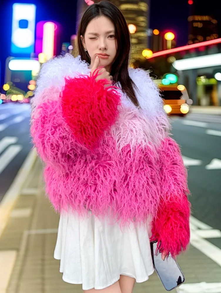 

Female Autumn/Winter Contrast Color Faux Fur Coat Lady Shaggy Outerwear Women's Furry Short Jacket Performance Costume