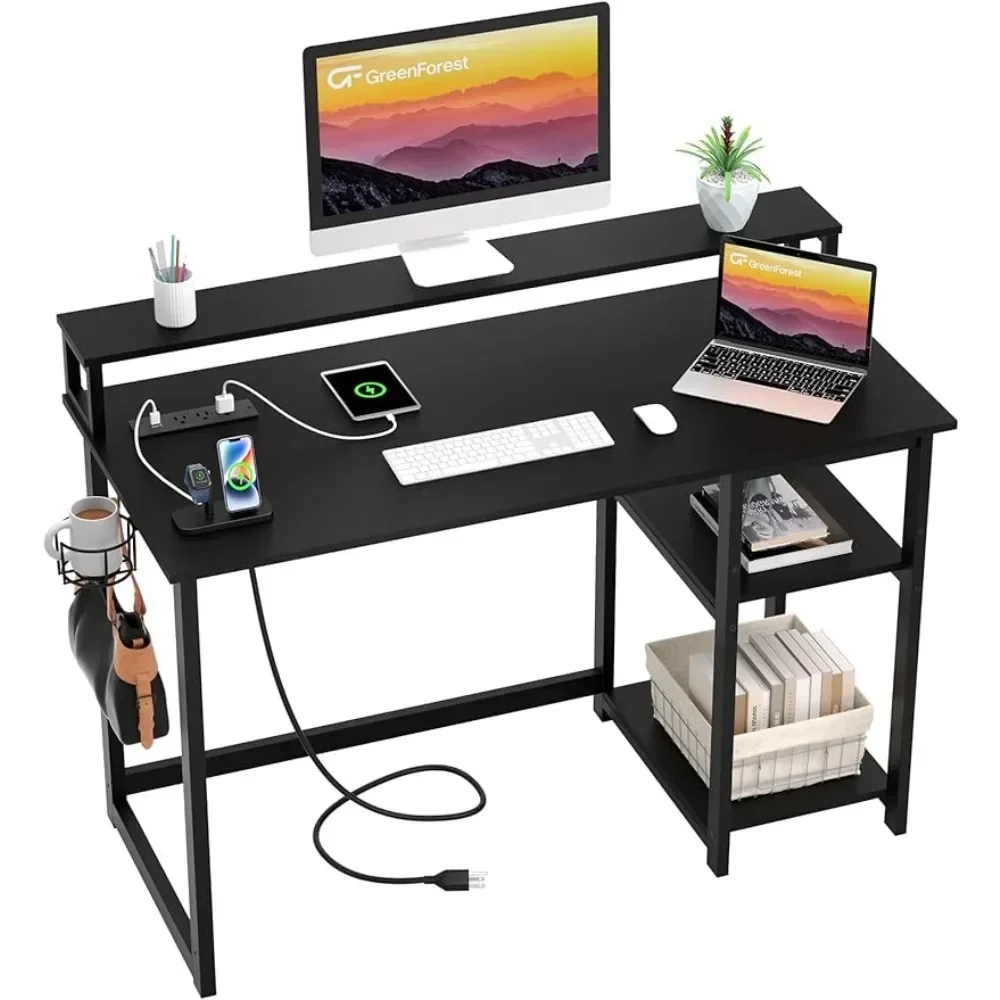 

GreenForest Computer Desk USB Charging Port Power Outlet, Reversible Monitor Stand Storage Shelves, 40 in Cup Holder Hook