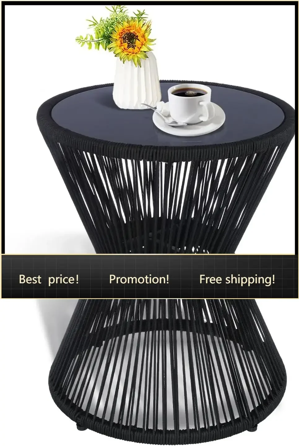 Small Outdoor Side Table Patio 20'' H Woven Rope Hourglass End Table with Glass Top Round Coffee Table for Living Room Outdoor
