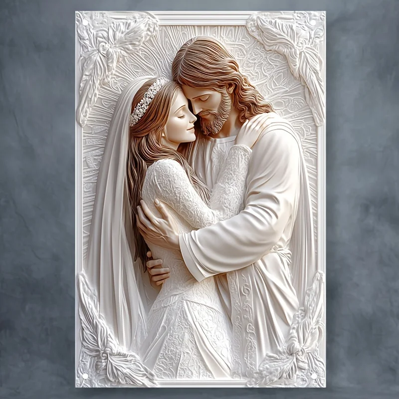 

Contemporary Religious Jesus Couple Aluminum Wall Art, 2D Engraved Sign, Multipurpose Decorative Plaque for Home, Farm, Bar