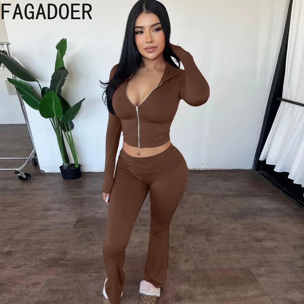 FAGADOER Autumn New 2 Piece Sets Women Outfit Casual Zip Hooded Crop Top + High Waist Flared Pants Suits Y2K Streetwear Clothing