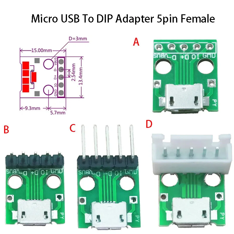 1PC Micro USB To DIP Adapter 5pin Female Connector Module Board Panel 5Pin board B Type PCB 2.54 MM Weld Straight Curved Needle