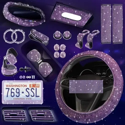 

Bling Car Accessories for Women - 31 PCS Purple Decor Set with Steering Wheel Cover & Phone Holder