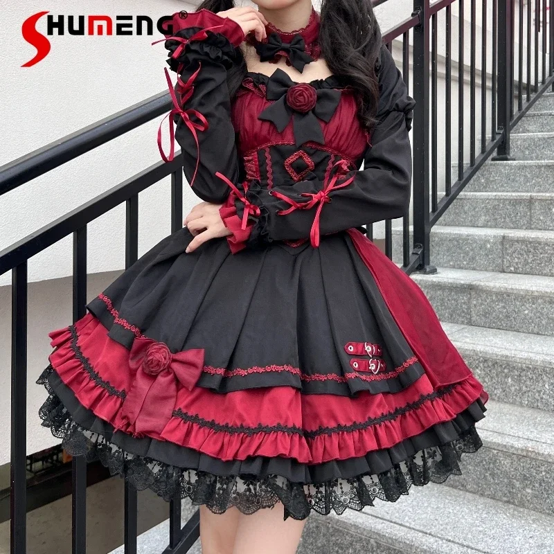 

Black and Red Lolita Dress Women's Sweet Gothic High Waist Slim Bow Lace Stitching Short Dress Set Lady Suspender Dress Mujer