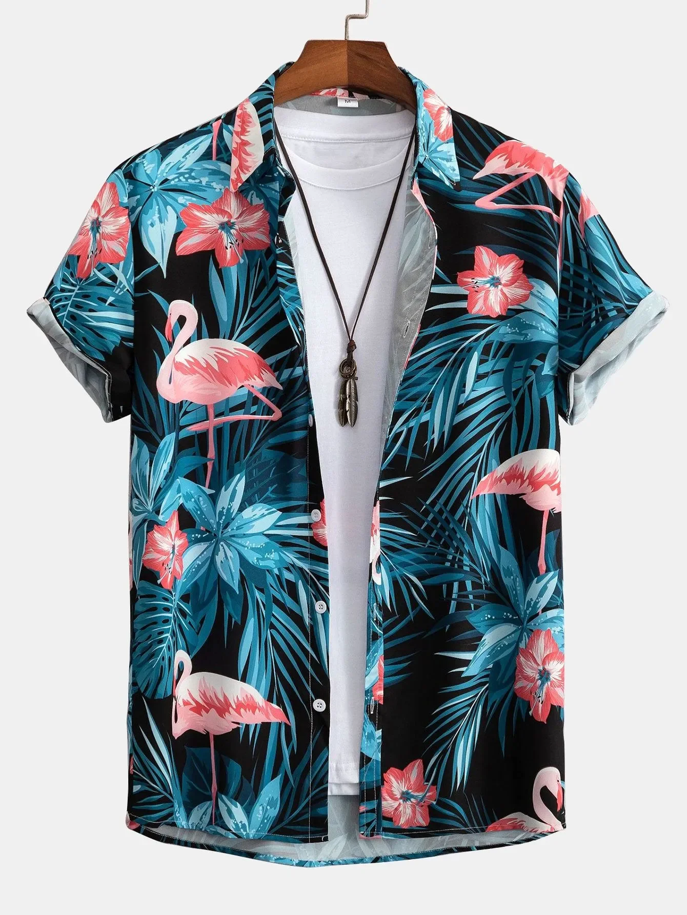 Hawaiian Tropical Floral Flamingo Print Men\'s and Women\'s Short Sleeve Shirts Seaside Lapel Button-Down Shirt Tops