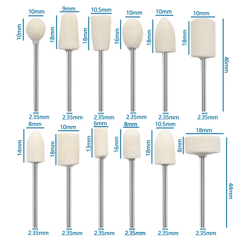 Conjunto de 12 cabeças de polimento de lã com haste compacta de 2,35 mm, perfeitas para unhas femininas e broca rotativa