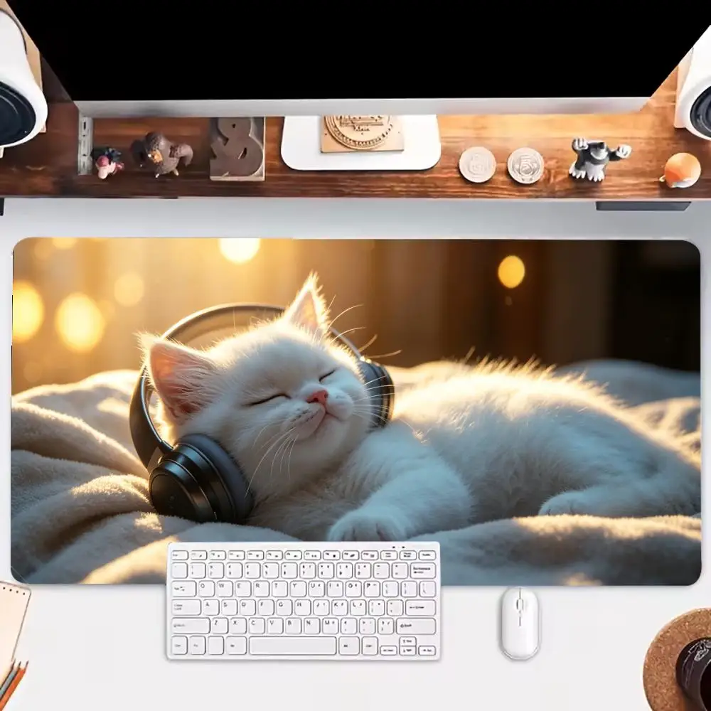 Table Mat Playmat Headphone Cat Mousepad Durable High Definition Rubber Non Slip Anime Games Pads For Youth