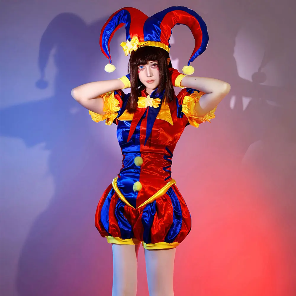 

Adult Women Clown Cosplay Costume Jester costume Blue Red Jumpsuit and Hat with Gloves Socks Christmas Halloween Party Costumes