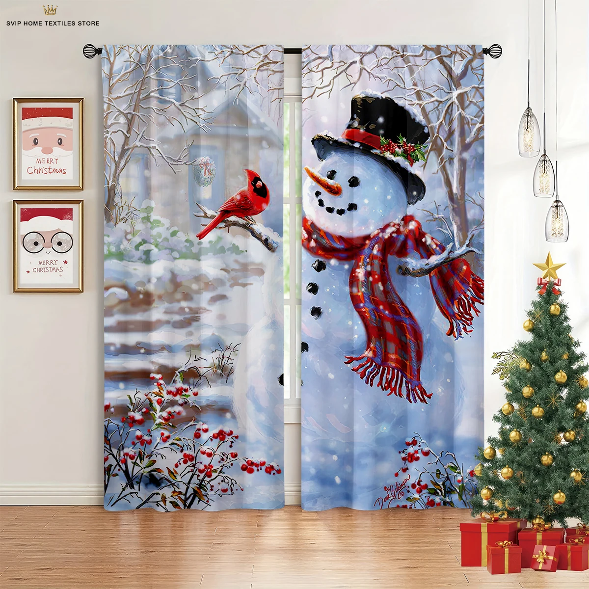 

Christmas Cartoon Printed Curtains, Snowman, Elk, Suitable for Bedroom, Dining Room, Holiday, Decorative, 2 Pieces