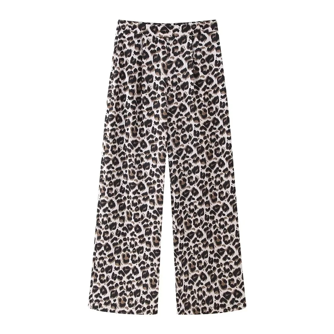 TRAF Spodnie damskie Leopard Spodnie dla kobiet Vintage Animal Print Spodnie damskie Jesienne spodnie z wysokim stanem Baggy Wide Fluid Spodnie