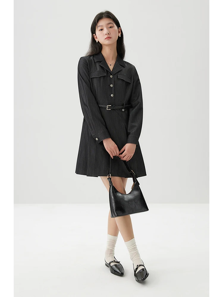 ZIQIAO Women Imitation Denim Black Long Sleeve Suit Dress Belt Decoration Female Spring New Pleated Mini Dress 24ZQ91198