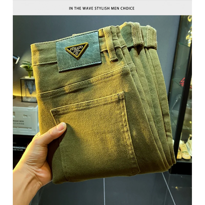 Men\'s high-end retro green jeans 2024 new autumn and winter slim fit skinny stretch casual denim light luxury long pants