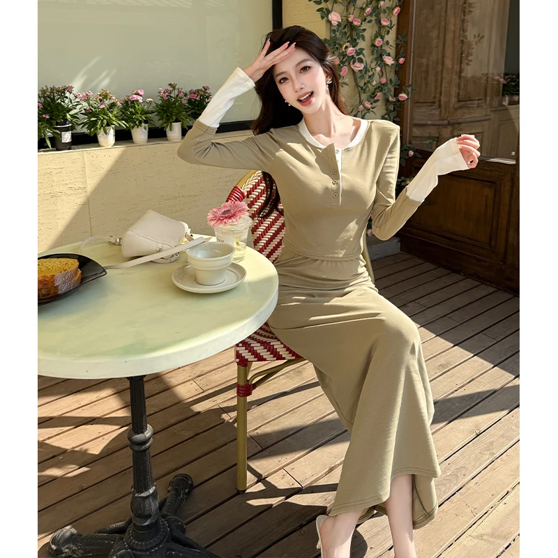 

Casual Two Piece Outfit Fashion Half Open Collar Long Sleeve Top High Waist Skirt Set Spring Solid Suits Women Tracksuit