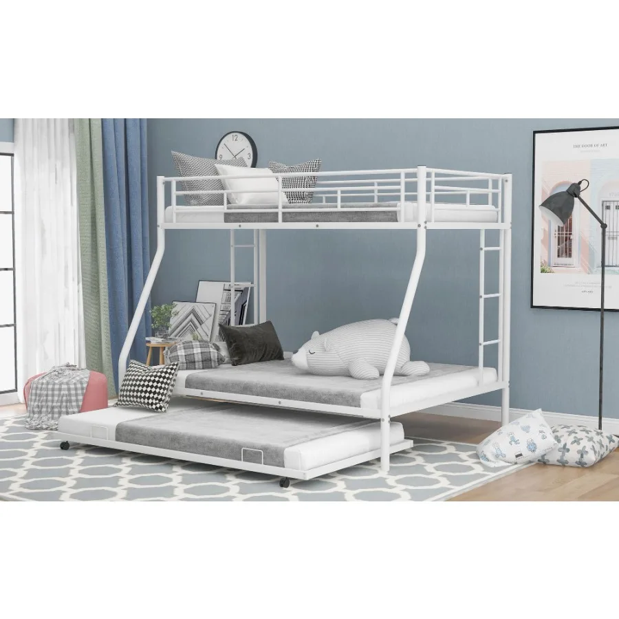 Twin over Full Bed with Sturdy Steel Frame Bunk Bed with Twin Size Trundle Two-Side Ladders White OLD SKU:MF194424AAK