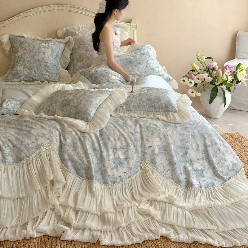 French Style Bedroom Romantic Jacquard Long Staple Cotton Bed Cover Style Four Piece Set Pure Cotton Lace Duvet Cover Bedding