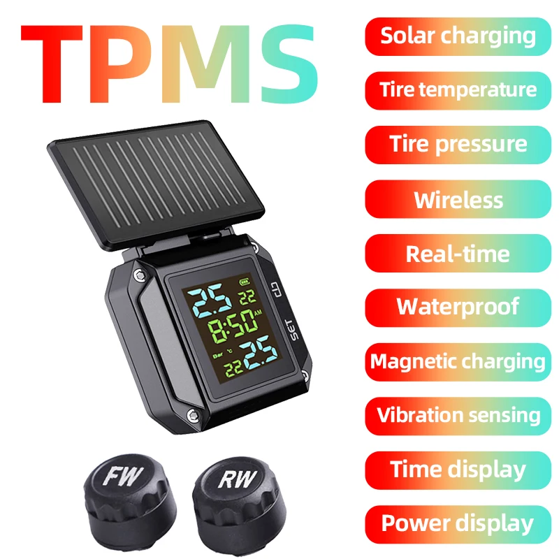 

Система контроля давления в шинах мотоцикла TPMS с солнечной зарядкой, 2 датчика, сигнализация для мотоциклетных шин, ЖК-дисплей