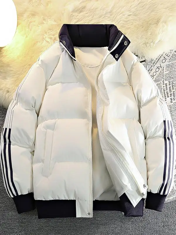 

Winter Thiened Fce Lined Cotton Jaet Men's Loose Fit Bread Coat Warm Stand Collar Polyester Fabric Long Sve Zipper