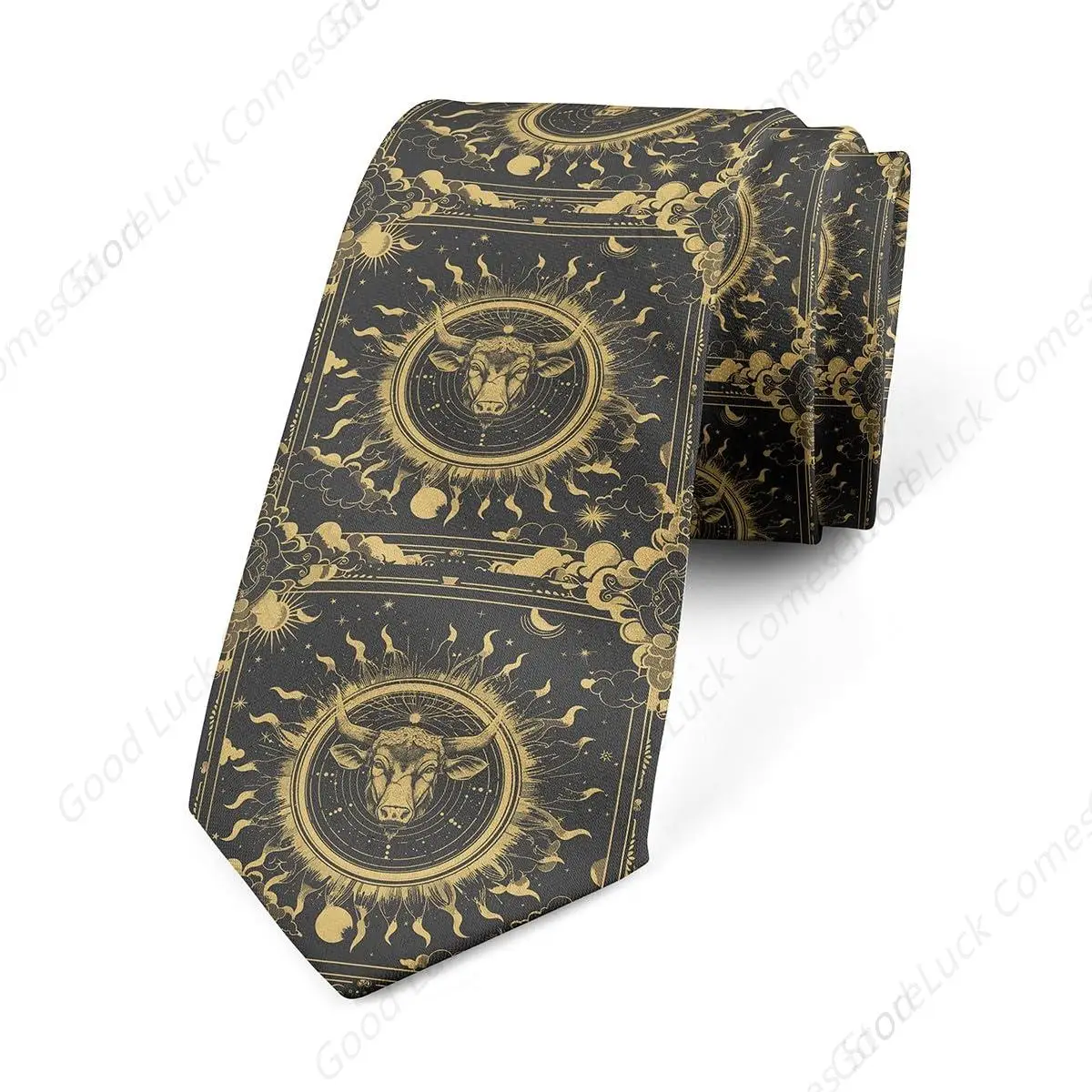 Zodiac Taurus Ties For Men,Sun Moon Stars Tie,Black Gold Mens Tie,Twelve Constellations Men'S Ties,Cartoon Cloud Men'S Neckties