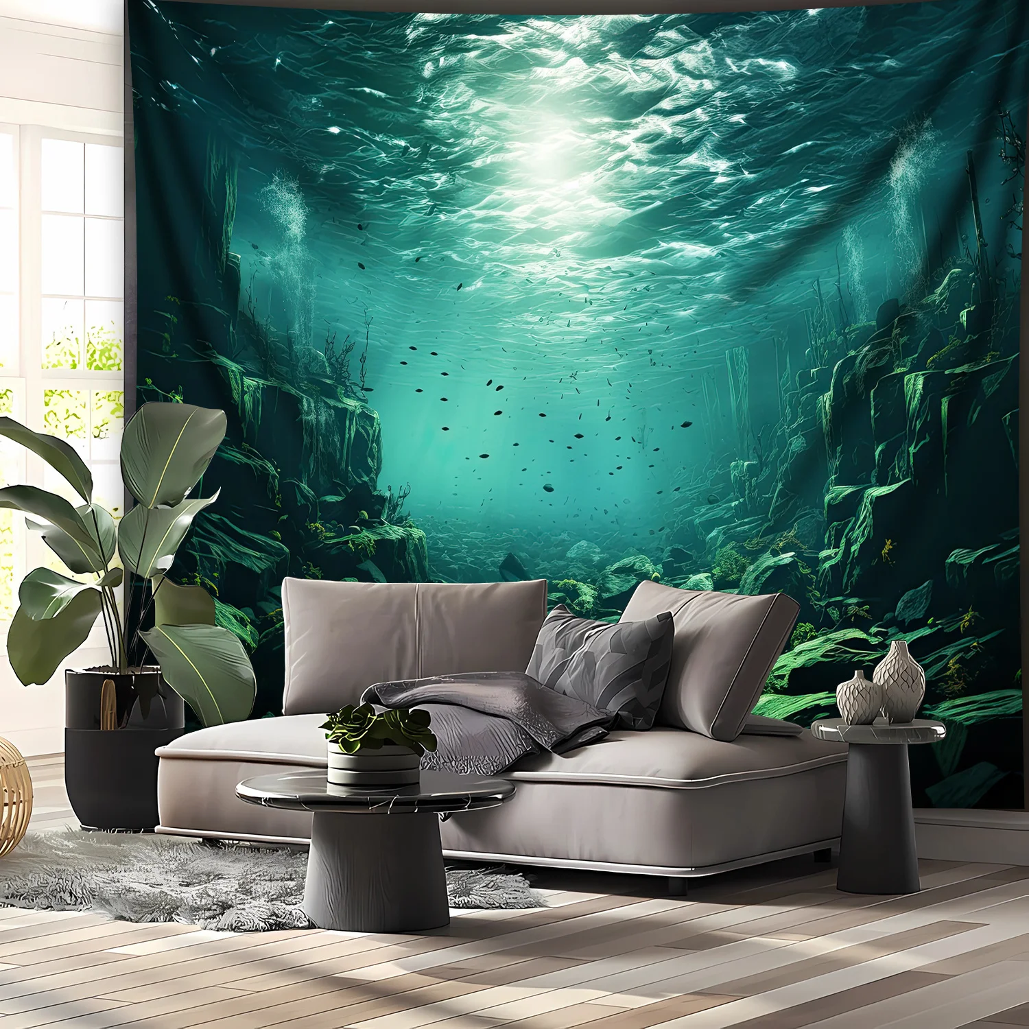 1pc - Massive Deep Blue Ocean Wall Tapestry, Polyester Digital Print, High-Definition Underwater Scene with Sunlight, Ideal for