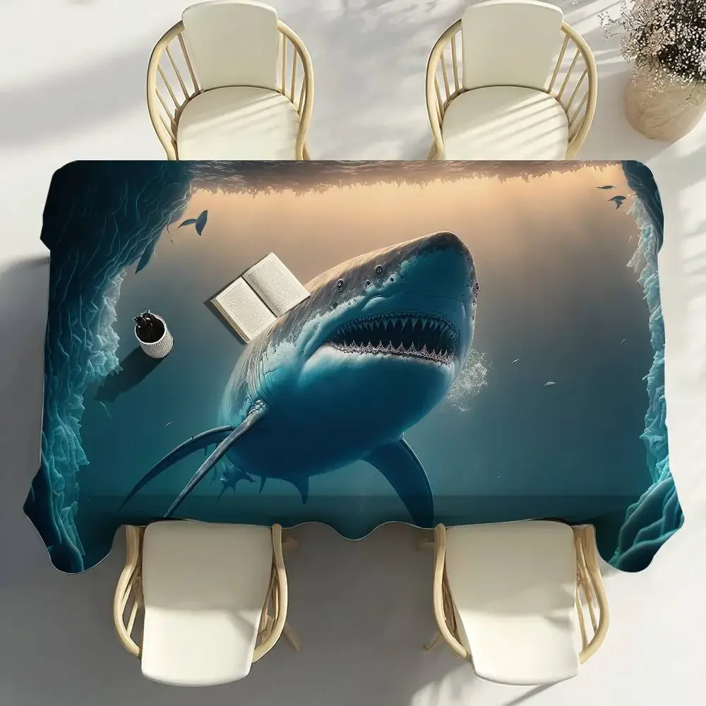 Ocean Shark Table Cloth Party Decor Dining Room Home Kitchen Patios Waterproof Stain-Proof Table Cloth