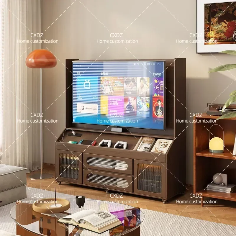 Solid Wood TV Cabinet Removable Rubber Wood TV Stand Living Room Floor Storage Locker for Small Apartment Household Use