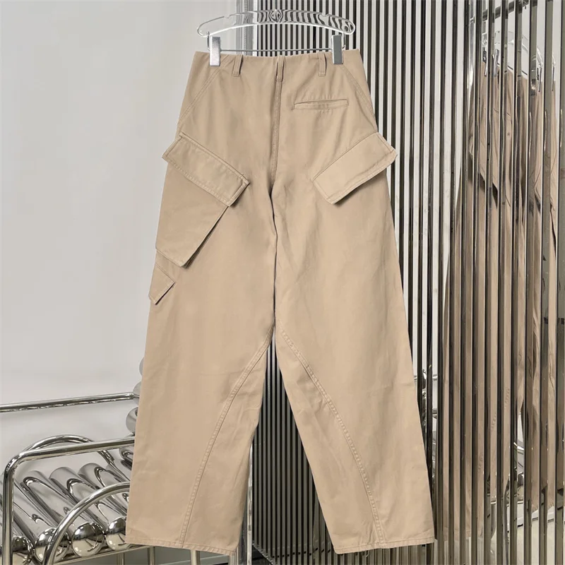여성용 바지 2025년 가을 신상 로우라이즈 슬림핏 스트레이트 팬츠 고품질 순면 카고 팬츠 비대칭 바지