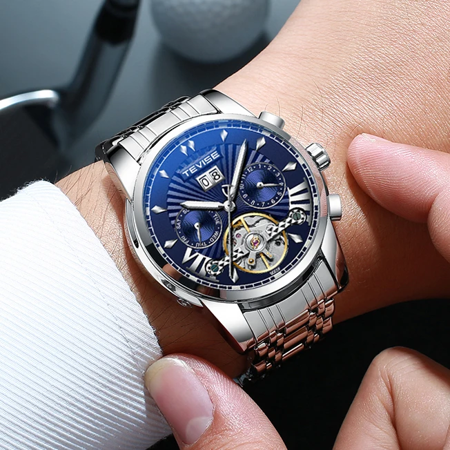 TEVISE Orologio meccanico automatico da uomo Calendario Settimana Lancette luminose in acciaio inossidabile Orologio da polso da lavoro alla moda delle migliori marche