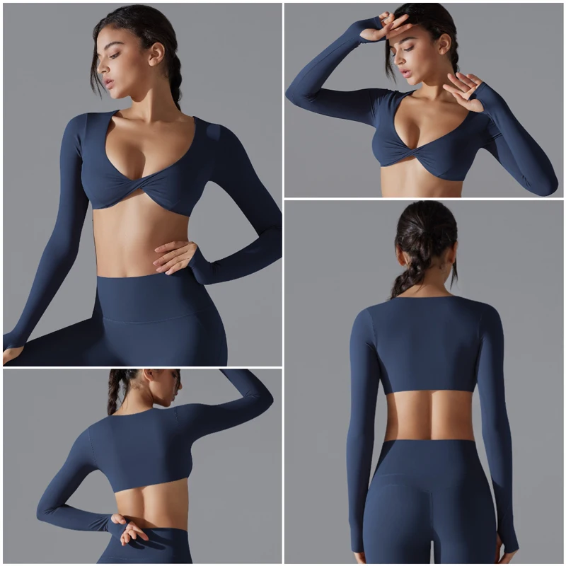 VITALINOVO Langarm Gym Crop Tops für Frauen Twist Deep V Workout Crop T-Shirt Top Schnell trocknend gepolstert Sport Fitness Yoga Top – Detail 25