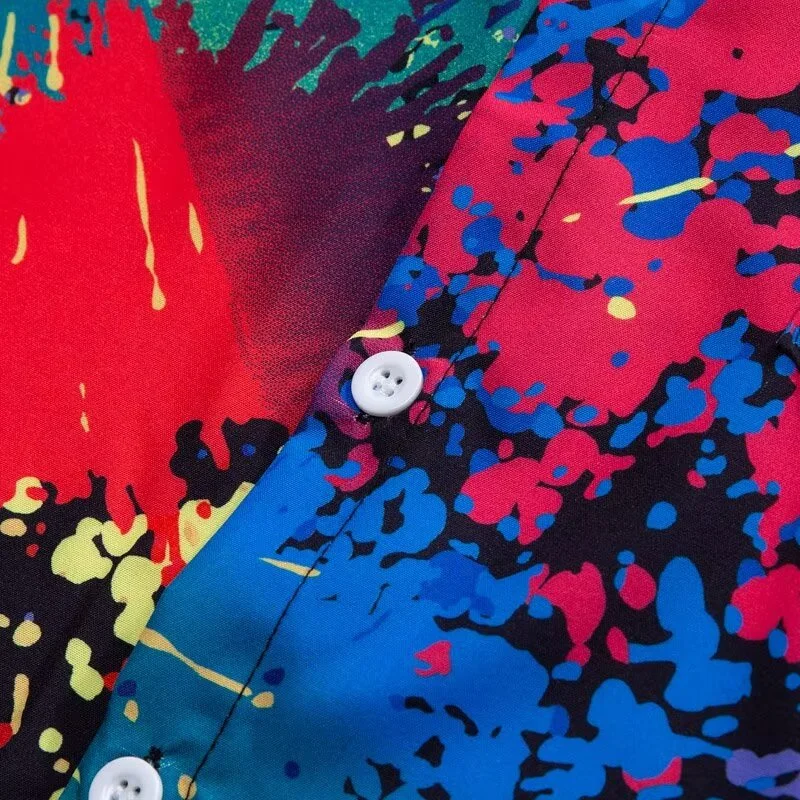 Fashion Mens Clothing Cool Splash-ink Print Tops Summer New Man Oversized Casual Short Sleeve Anime Loose Blouse Hawaiian Shirt