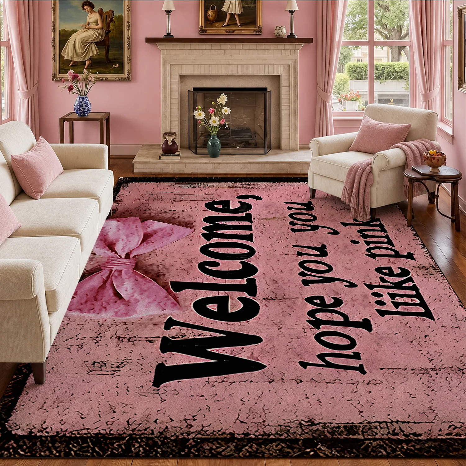 Large Indoor Area Rug, Soft Velvet Low Pile Non-slip Dotted Backing Machine Washable, Vintage Pink Welcome Design with Bow, Ideal for Living Room, Bedroom, Entryway Home Decor