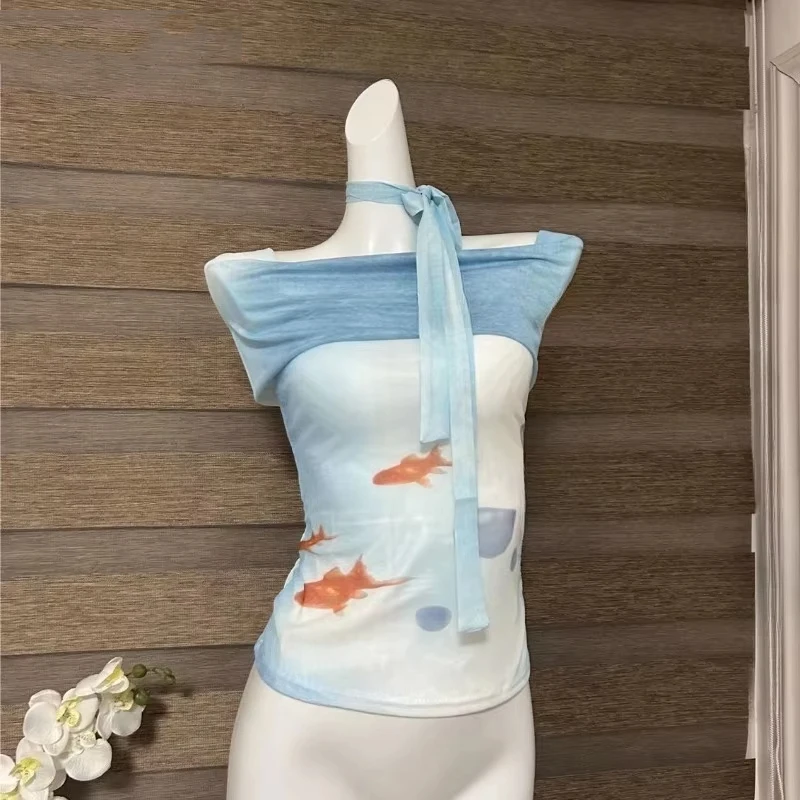 Chic Fisch Drucken T-shirts Frauen Kleidung Gaze Verband Sommer Camisetas Koreanische Tees Slash Neck Tunika Sexy T-shirt 2026 Ropa Mujer