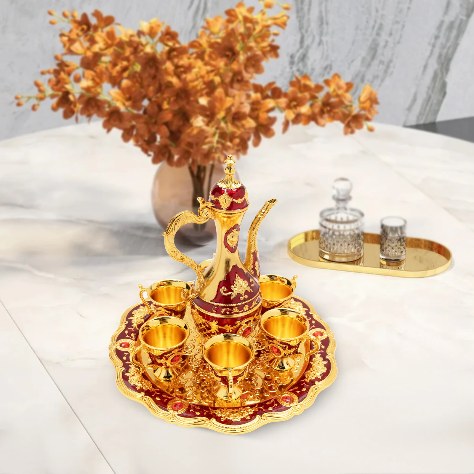 طقم شاي تركي 8 45 أونصة إبريق شاي مع 6 أكواب وصينية مجموعة تقديم تقليدية من سبائك الزنك لديكور المنزل هدية ثقافة القهوة التركية