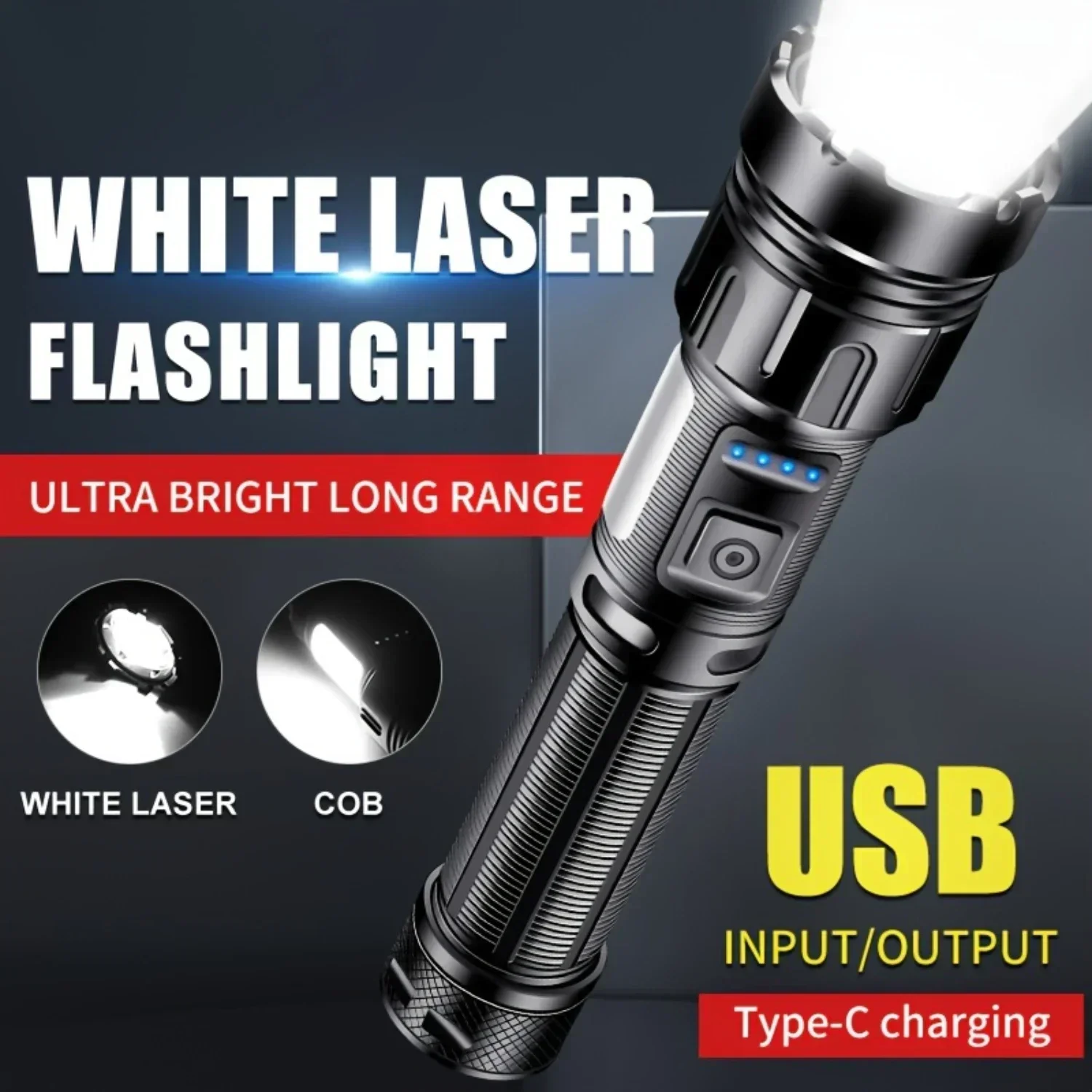 KDULIT High Power LED COB Flashlight USB Rechargeable Torch 7 Lighting Modes Zoomable Lantern Outdoor Camping Emergency Lights