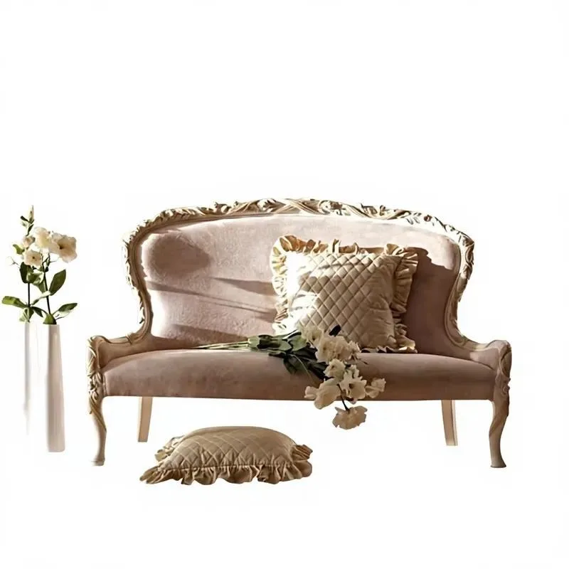 Luxury Ivory White Solid Wood Hand Carved Fabric Sofa French Casual Style Sponge Filling for Hotel Double Seat