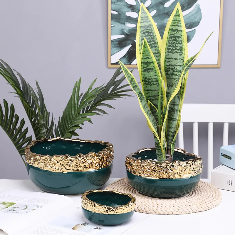 Ceramic Flower Pot Golden Edge Planter Pot Flower Vase Succulent Garden Court Plant Accessories Flowerpot Indoor Vases