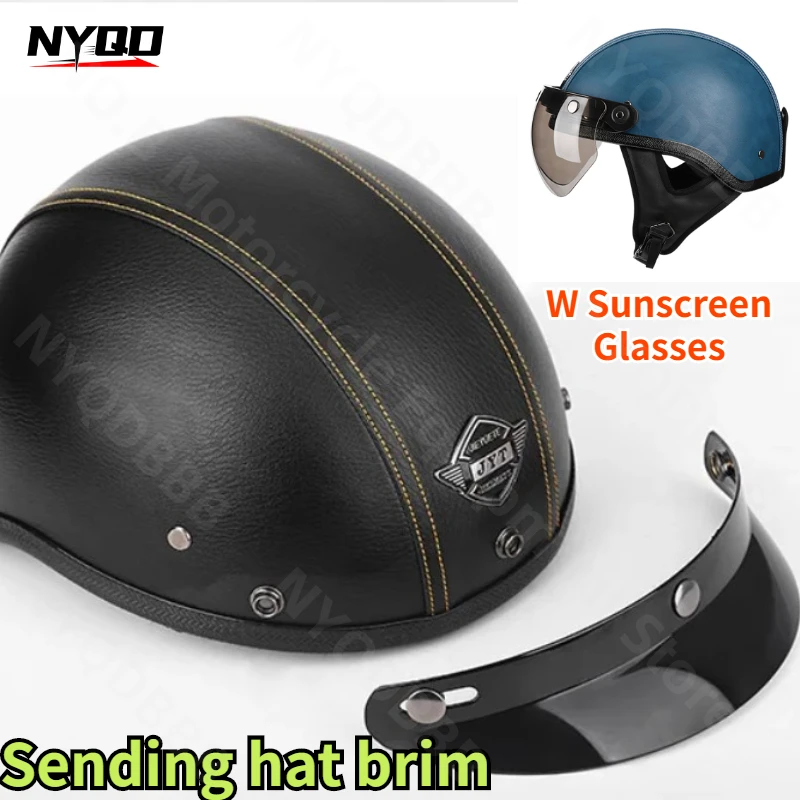 Retro Half Helmet Men's and Women's Four Seasons Fashion Pedal Motorcycle Universal Electric Car Safety Leather Helmet