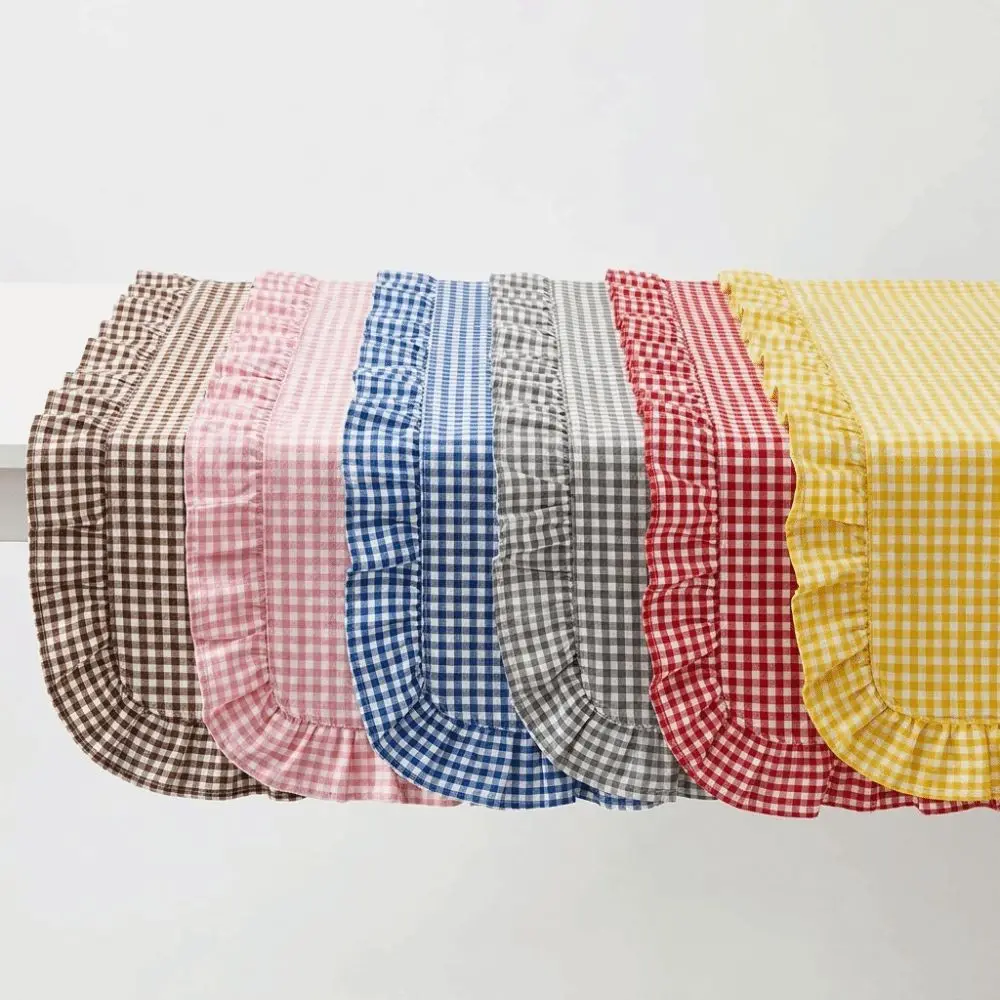 Washed Cotton Table Runner Ruffle Edge Gingham Check Runner Washed Cotton Ruffle Rectangular Soft Table Scarf Home Table Setting