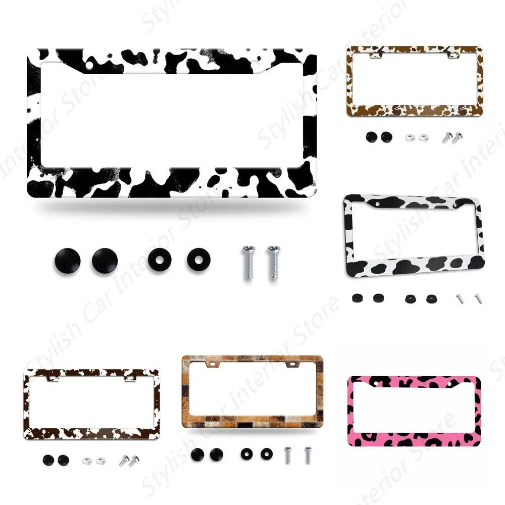 Black White Cows Texture License Plate Frame Animal Cowhide Print License Plate Stainless Steel Funny License Plate Holder