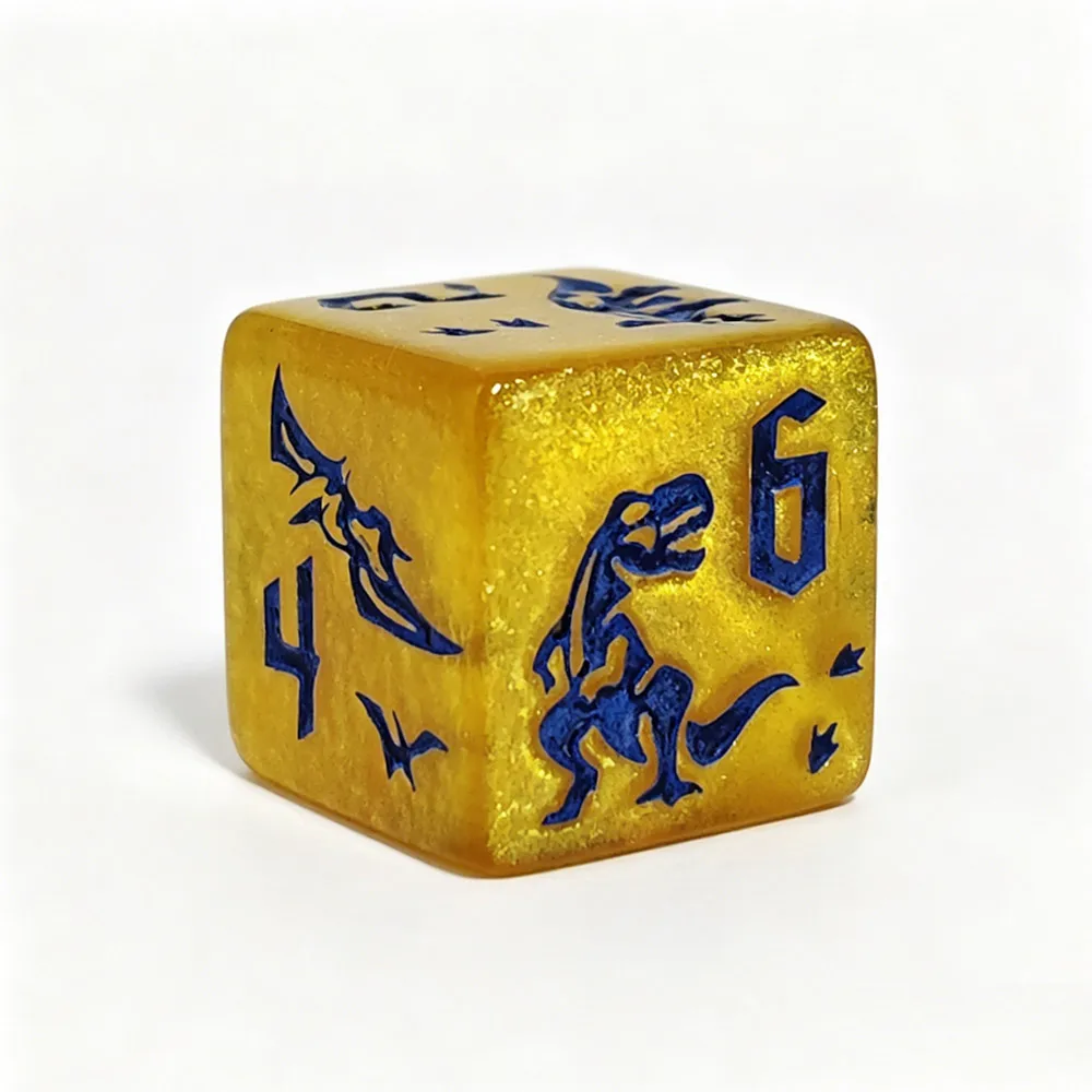 Jurassic Gold Dinosaur Dice Set, 7Pcs Yellow Engraved DND Dice with Blue Ink for Prehistoric Dinosaur TTRPG & Role Playing view 3