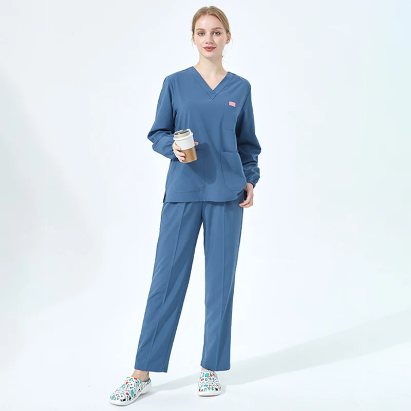 Women Scrubs Nurse Uniforms V-neck Snap Dentist Scrub Set Operating Room Clothes Doctor Surgery Overalls 4-way Stretch S03