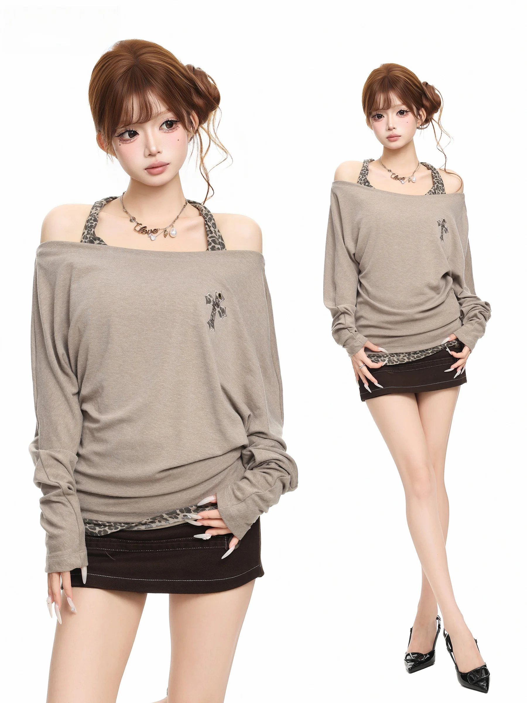 BASTERDS American Style Hot Girl Leopard Print Long Sleeve T-Shirt Women's Autumn Waist Cinching Slimming Top Shoulder Bared