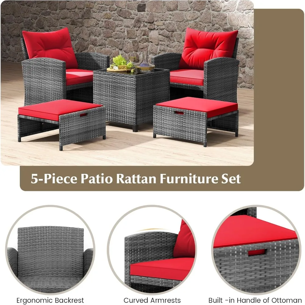 Set di mobili da giardino con pouf, set da conversazione da patio in vimini con tavolino e cuscini, rattan PE da esterno