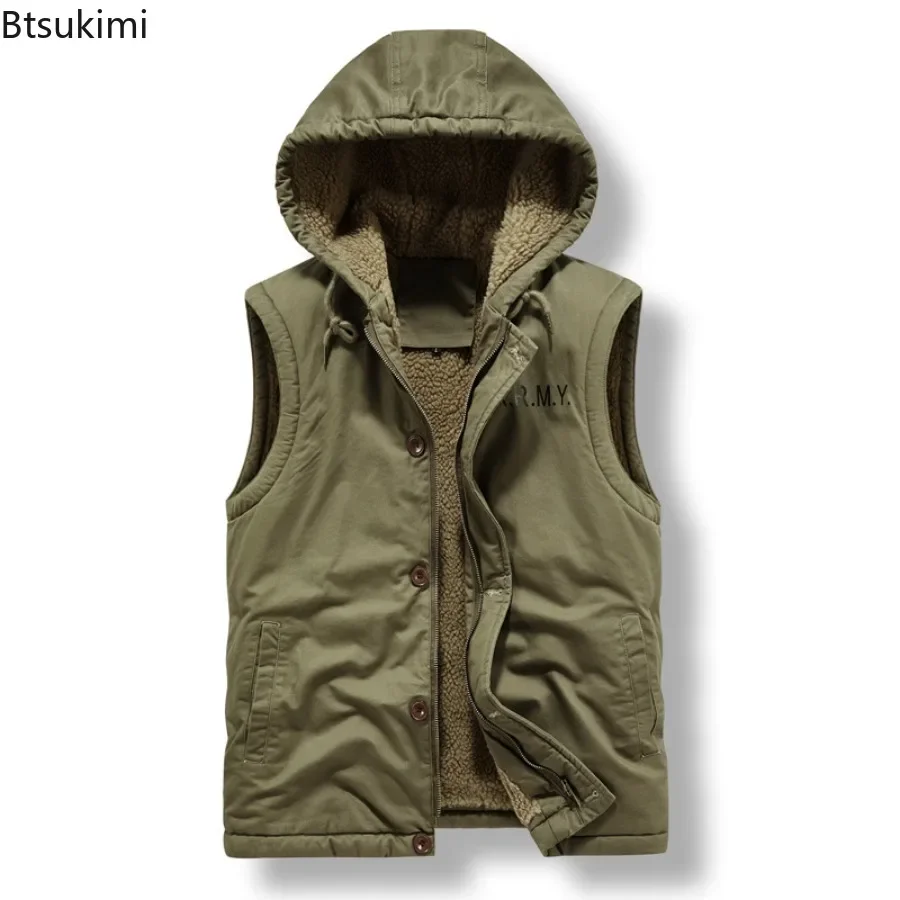 New Men's Autumn Winter Sleeveless Parkas Jacket Outdoor Casual Thicken Lamb Fleece Warm Hooded Vest High-Quality Men Vest Coats