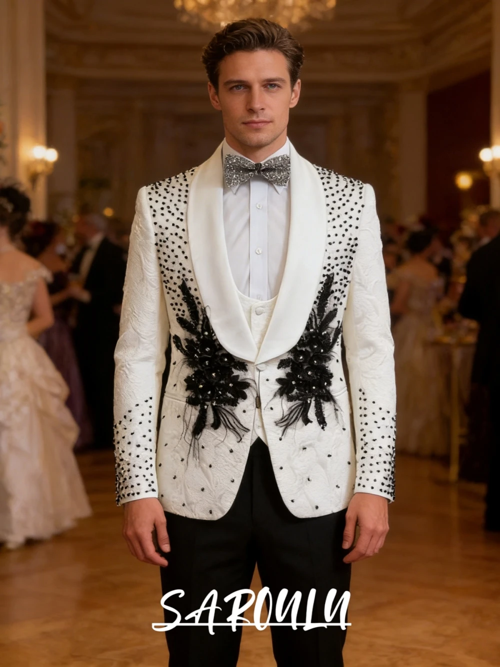

Белый жаккардовый мужской костюм из трех предметов, стильный изысканный смокинг с перьями из бисера, наряд для банкета и вечеринки для мужчин, одежда для жениха
