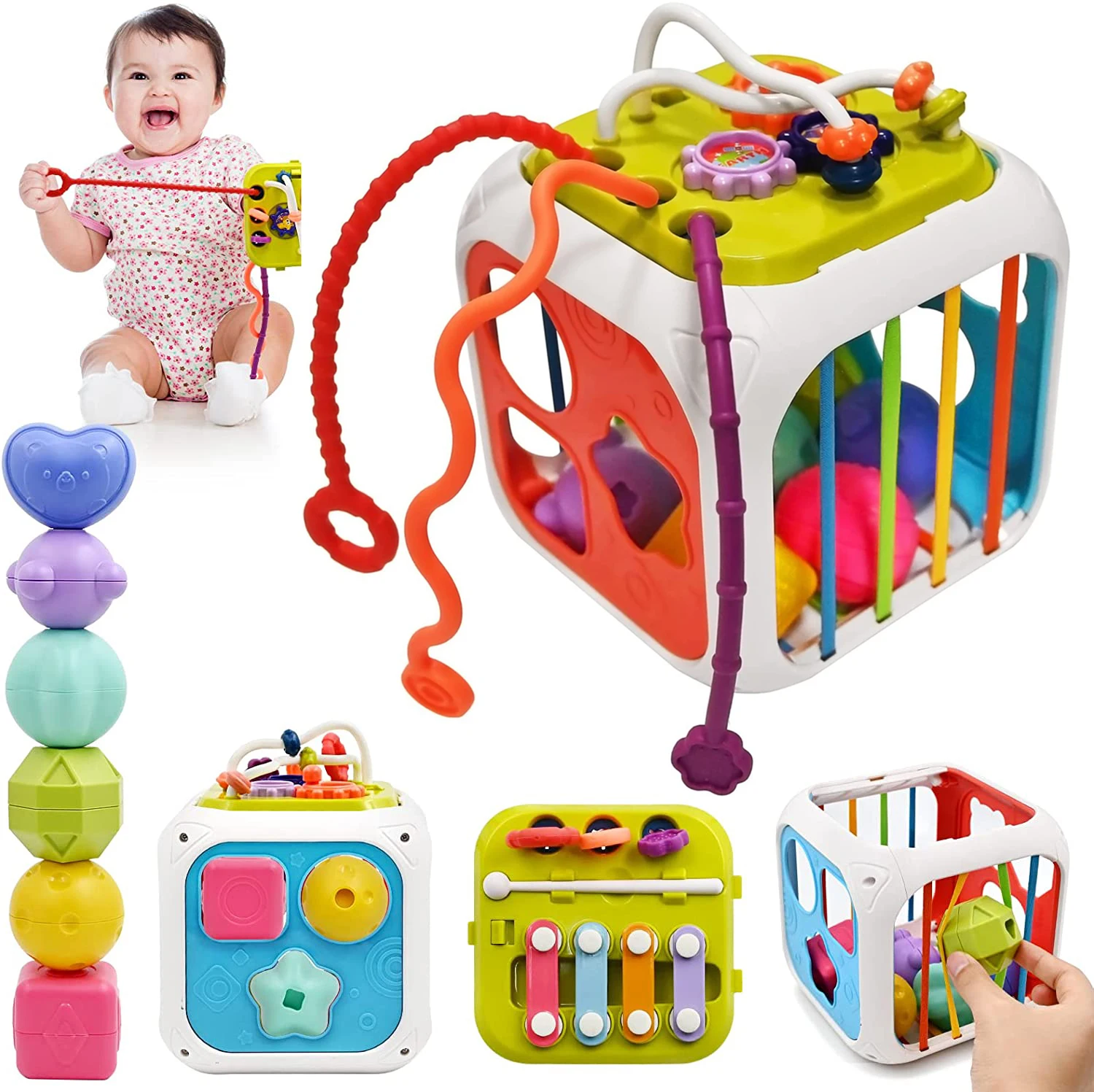 Toddler Toys Gifts for 1 2 3 4 Years Old Girls Boys,Montessori Activity Cube Toy Set,Shape Sorting and Stacking Toy for Toddlers