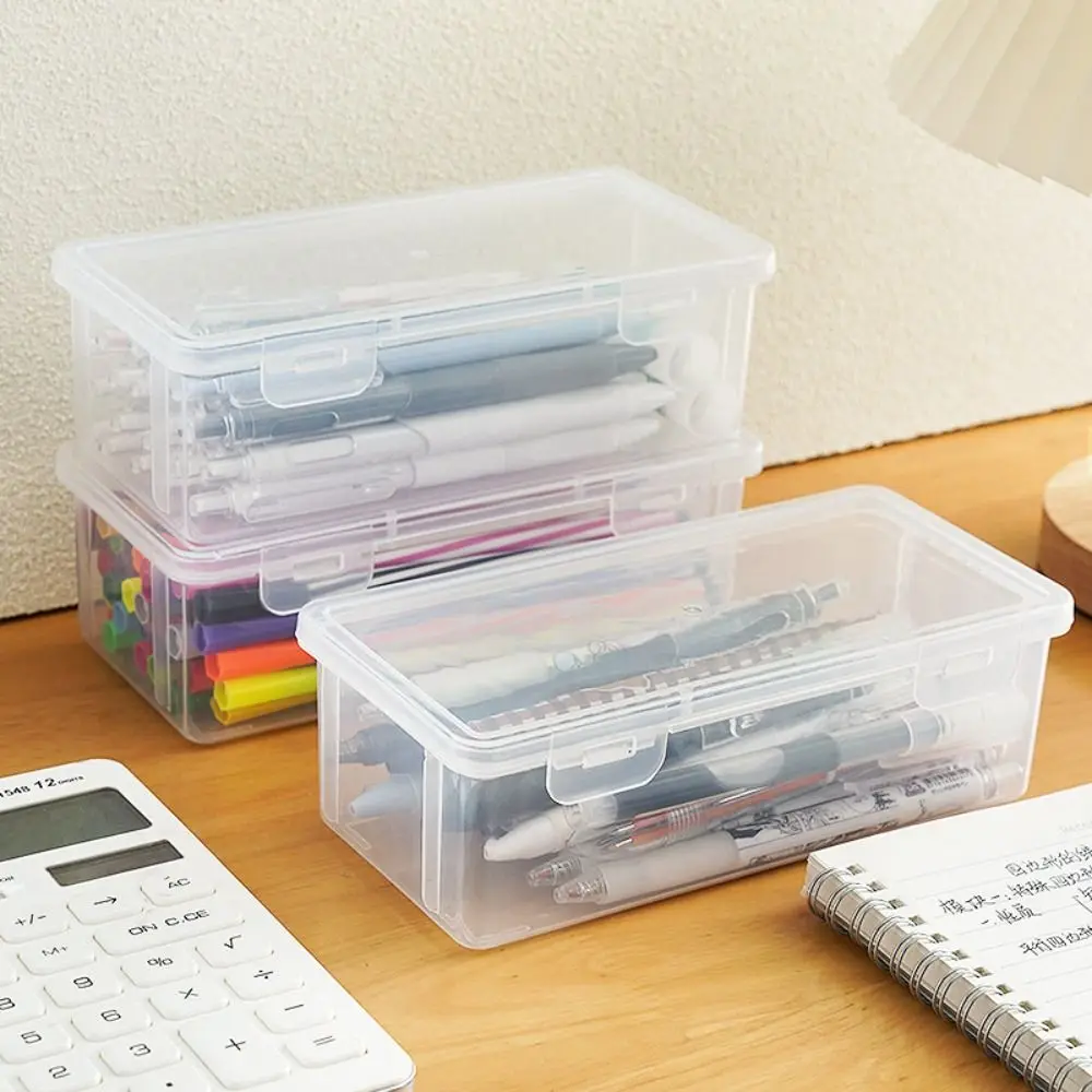 With Buckled Pencil Box Transparent Dustproof Pen Pencil Case Plastic Waterproof Desktop Storage Box Office Supplies