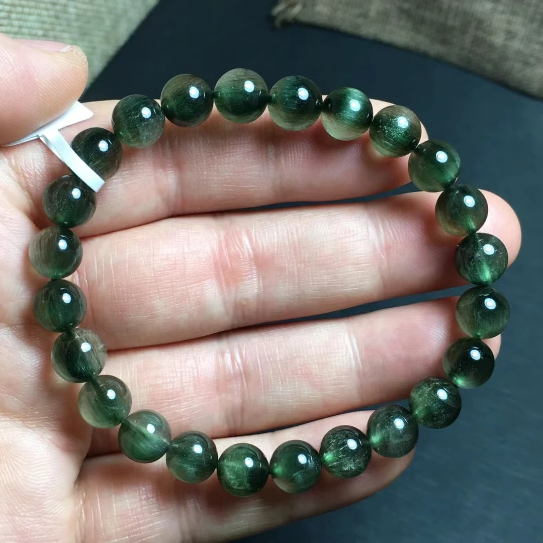 

Natural Green Rutilated Quartz Gemstone Beads Bracelet 8mm Women Men Jewelry Cat Eye Stretch Crystal Barrel Beads AAAAA